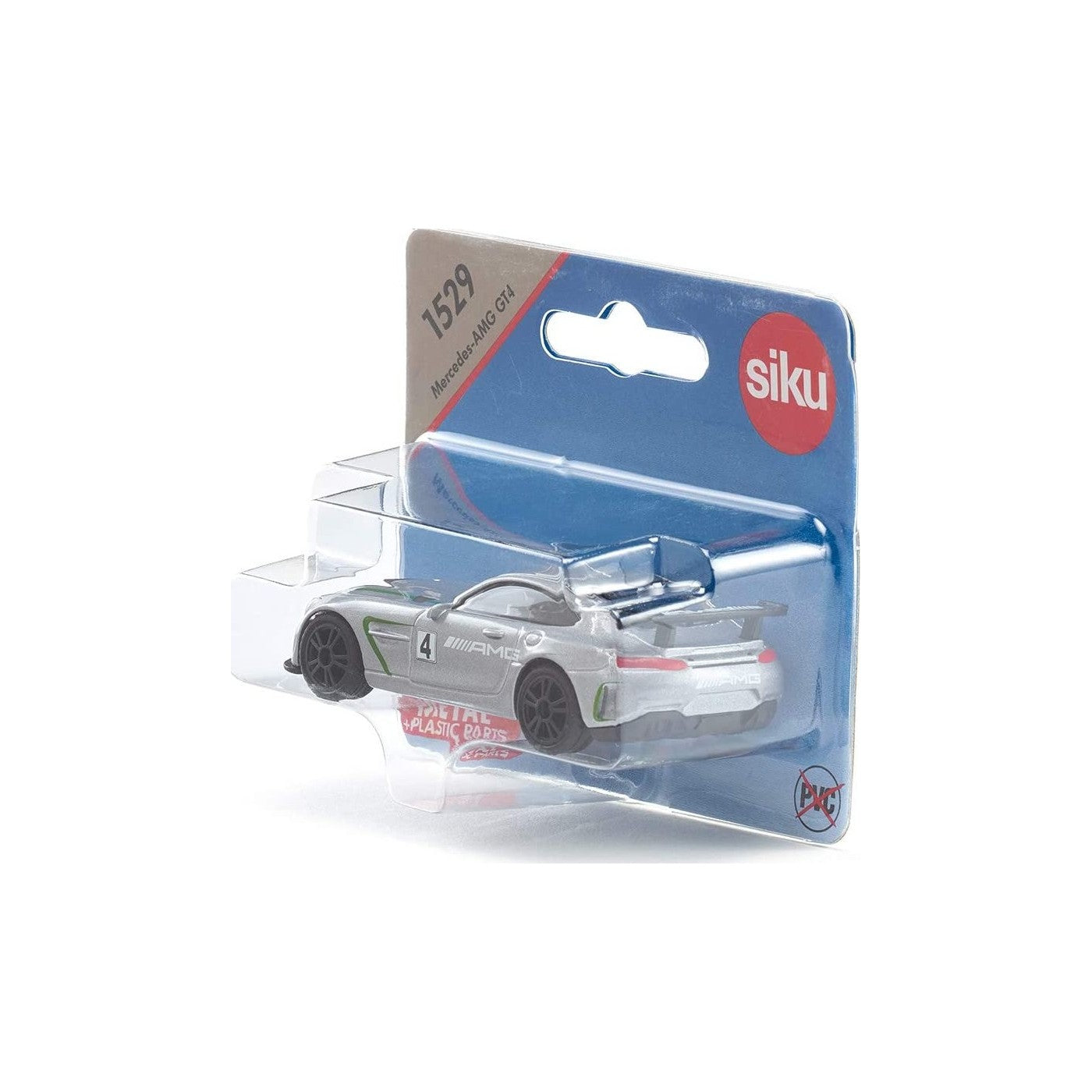 Siku Mercedes-AMG GT4 die-cast model, silver, sealed in its original blue and clear plastic packaging