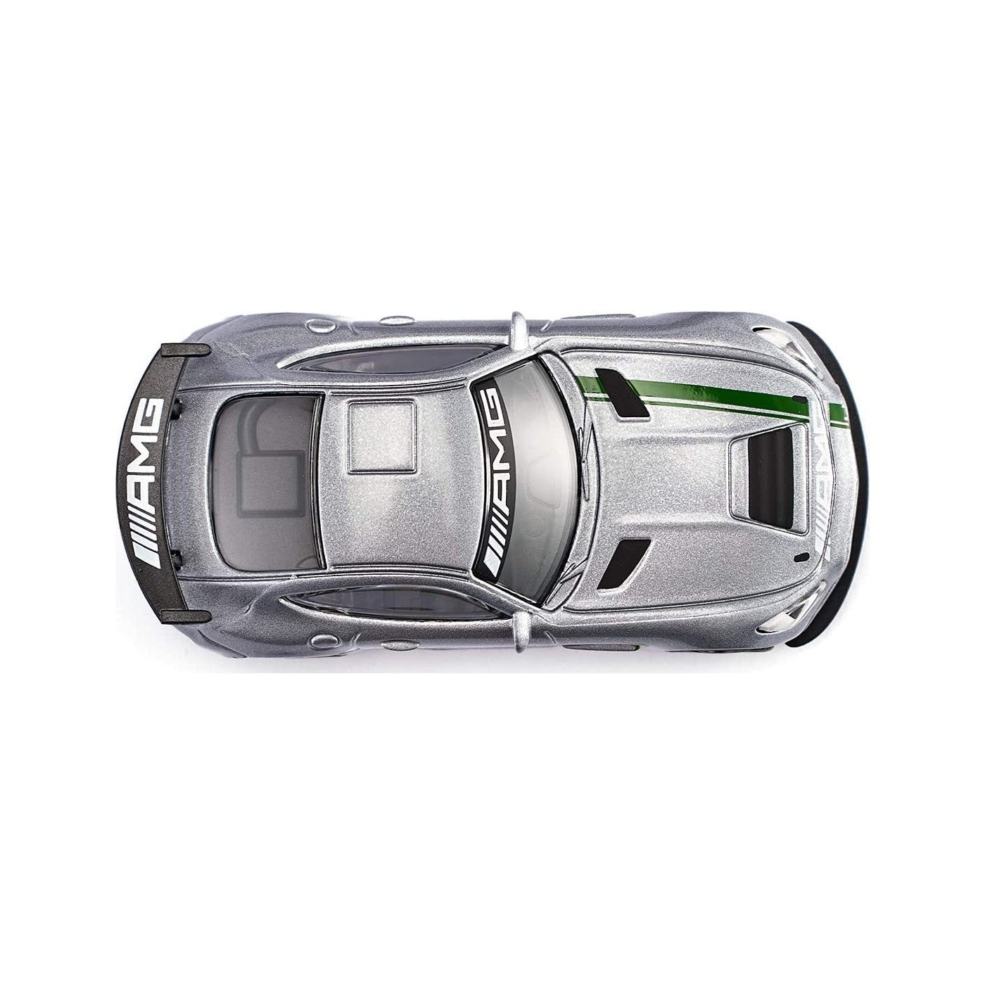 Top-down view of a metallic silver AMG GT model car with a green racing stripe and AMG branding on a white background