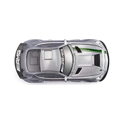 Top-down view of a metallic silver AMG GT model car with a green racing stripe and AMG branding on a white background