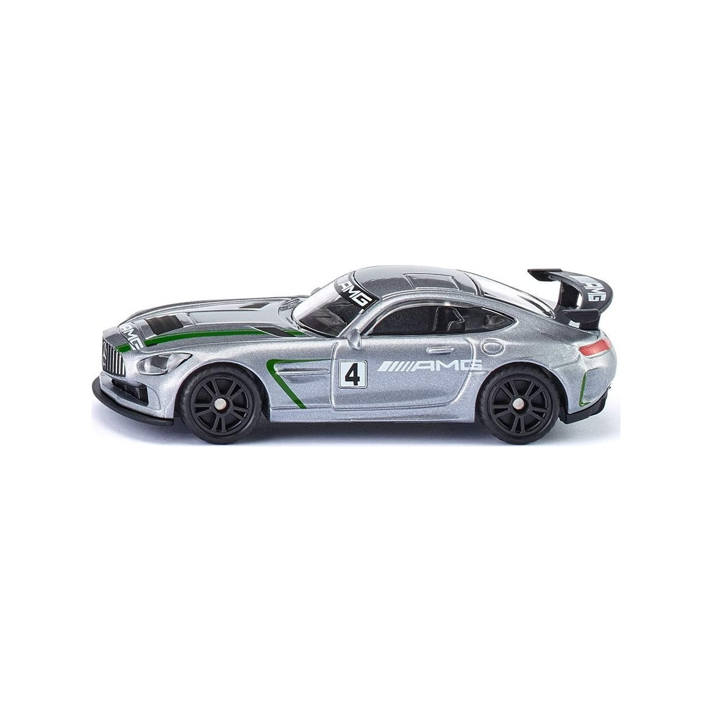 A silver die-cast Mercedes-AMG race car with green stripes and the number 4, seen from the side