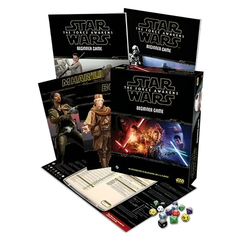 Star Wars: The Force Awakens Beginner Game box, character standees, rulebooks, and colourful dice laid out