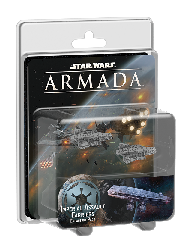 Star Wars Armada Imperial Assault Carriers Expansion Pack, packaged with artwork of Imperial starships battling and a carrier miniature