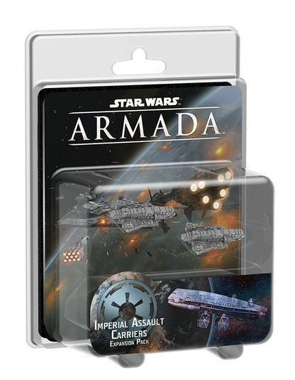 Star Wars Armada Imperial Assault Carriers Expansion Pack, packaged with artwork of Imperial starships battling and a carrier miniature