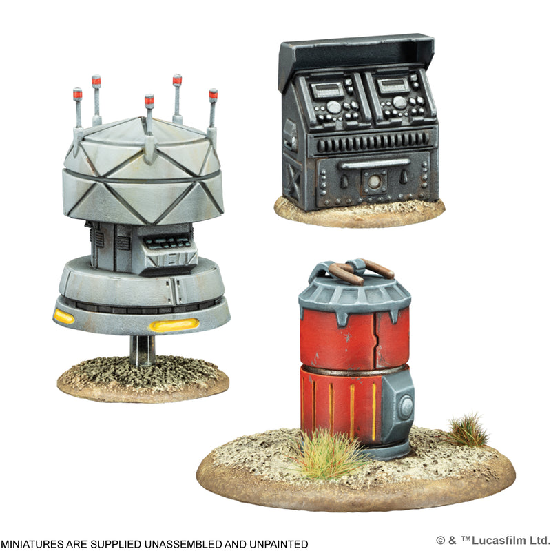 Three painted sci-fi wargaming objective markers: a communication dish, a control panel, and a red supply barrel