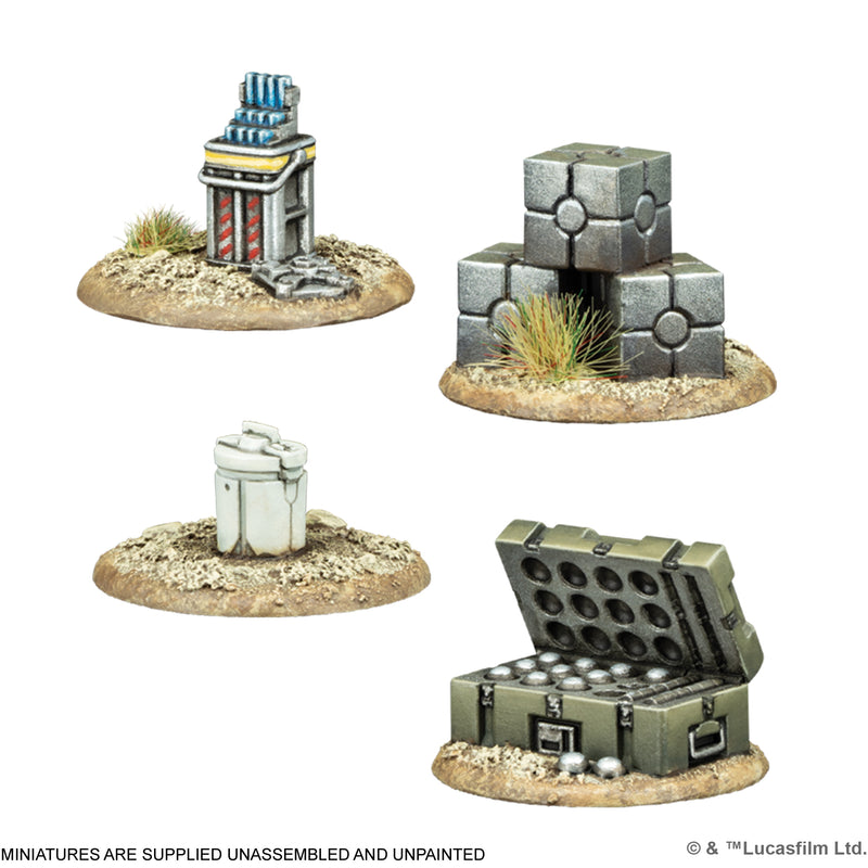 Set of four sci-fi objective markers: a generator, stacked cubes, a small container, and an open munitions crate