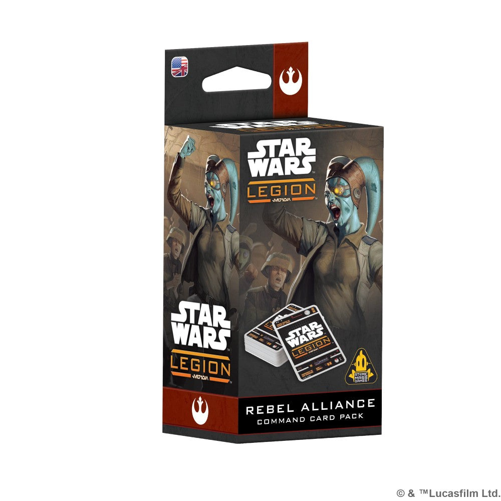 Star Wars Legion Rebel Alliance Command Card Pack box featuring a Twi'lek leader with raised fist, rallying soldiers