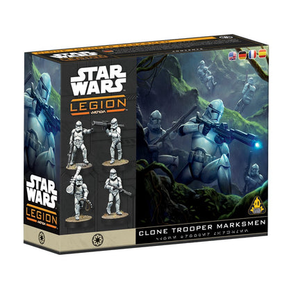 Star Wars Legion Clone Trooper Marksmen miniatures box, showing Clone Troopers aiming rifles in a jungle setting
