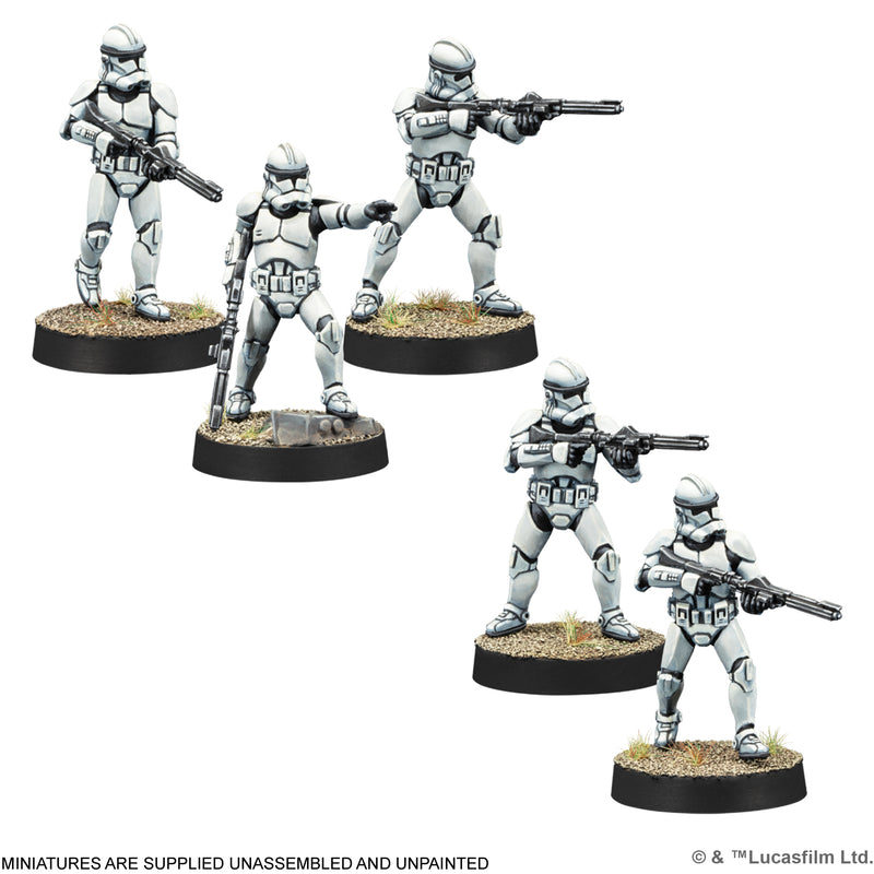 Five Star Wars Clone Trooper miniatures in white armor, posed with blaster rifles