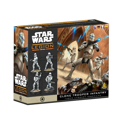 A Star Wars Legion Clone Trooper Infantry box features dynamic artwork of white-armored clones fighting amid ruins, with four miniature models displayed on the front