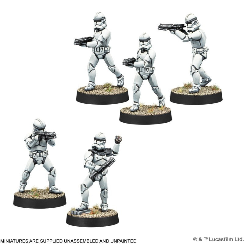 Five painted Clone Trooper miniatures for Star Wars Legion are shown in dynamic combat poses holding rifles on textured black display bases
