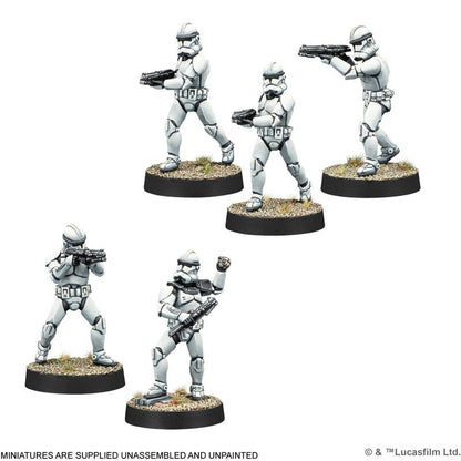 Five painted Clone Trooper miniatures for Star Wars Legion are shown in dynamic combat poses holding rifles on textured black display bases