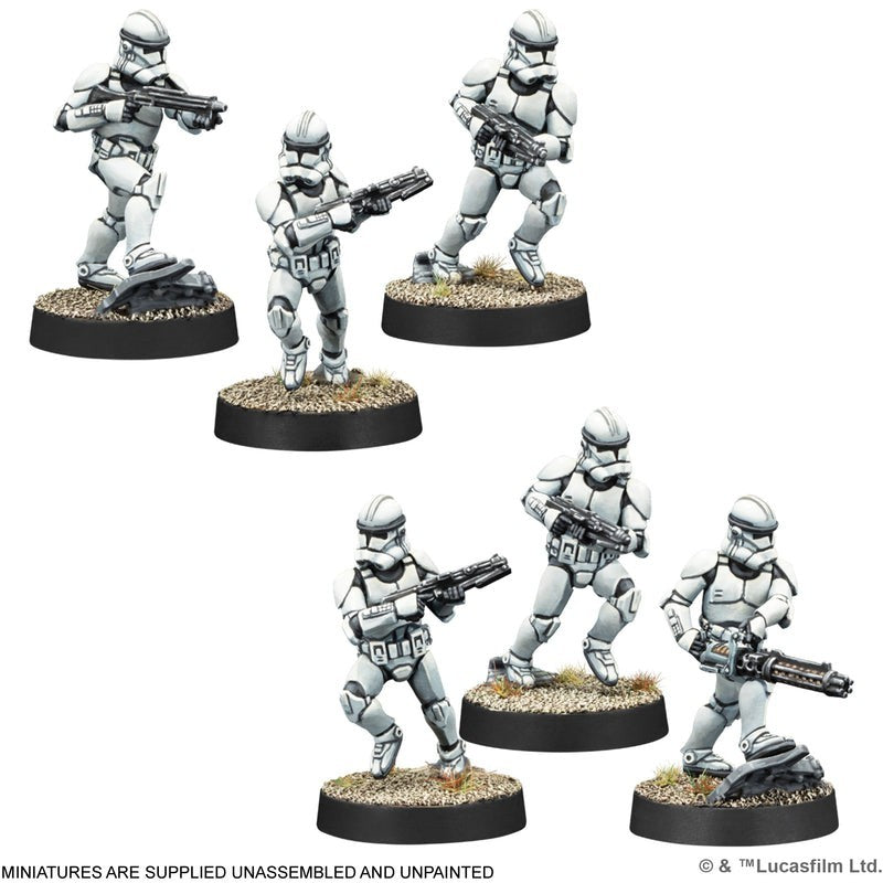 Six painted Star Wars Legion Clone Troopers miniature figures are displayed in dynamic combat poses holding rifles and a heavy blaster on textured circular bases
