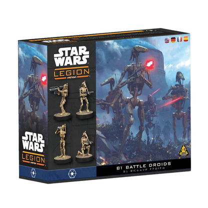 Star Wars Legion B1 Battle Droids expansion box, displaying miniatures and concept art of droids in combat