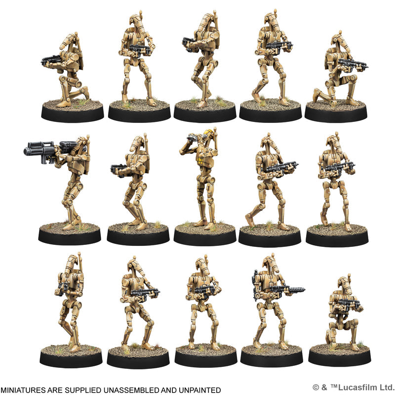 Squad of 15 tan B1 Battle Droid miniature figures from Star Wars, posed dynamically with weapons