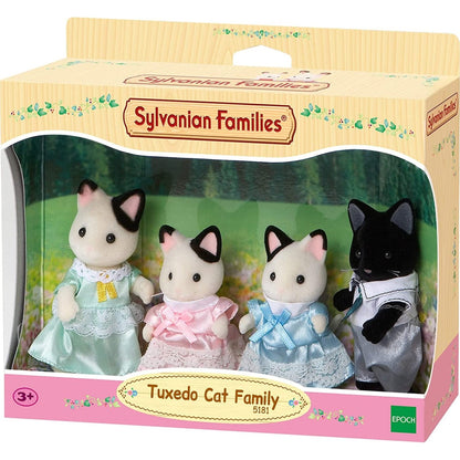 Sylvanian Families Tuxedo Cat Family set in packaging, featuring four flocked cat figures dressed in formal wear