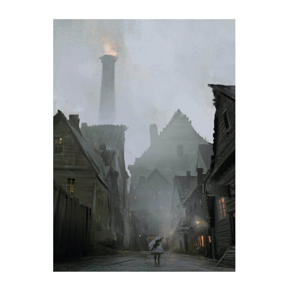 A cloaked figure with an umbrella walks down a narrow, foggy street lined with old buildings towards a tall chimney spewing fire