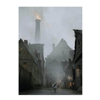 A cloaked figure with an umbrella walks down a narrow, foggy street lined with old buildings towards a tall chimney spewing fire
