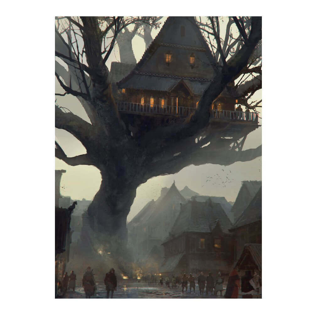 A warm-lit fantastical house in a giant bare tree overlooks a bustling medieval-style village street