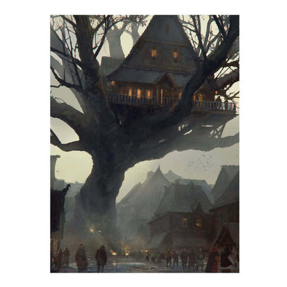 A warm-lit fantastical house in a giant bare tree overlooks a bustling medieval-style village street