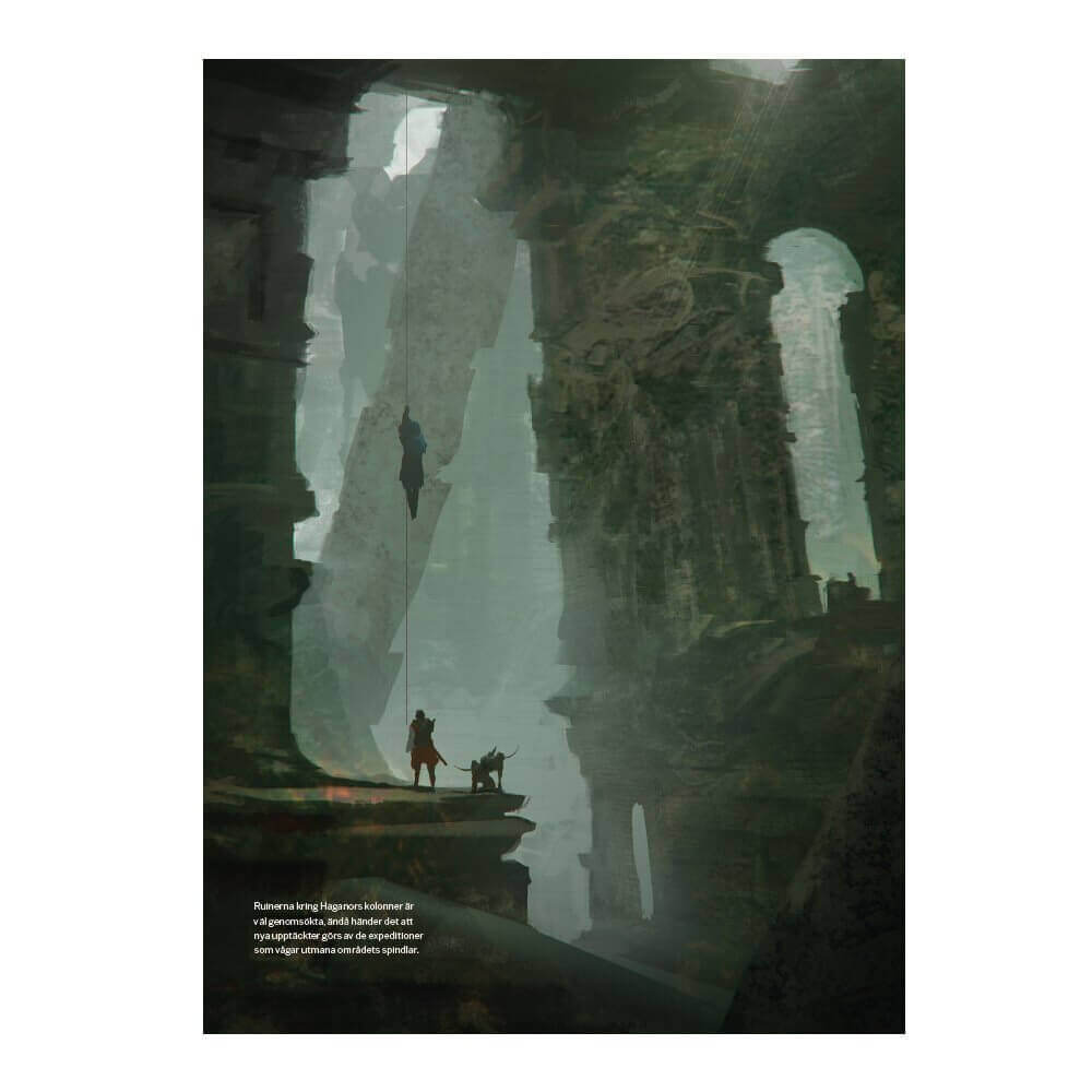 An adventurer rappels down a rope into a vast, misty chasm among towering ruins, as two companions watch from a ledge