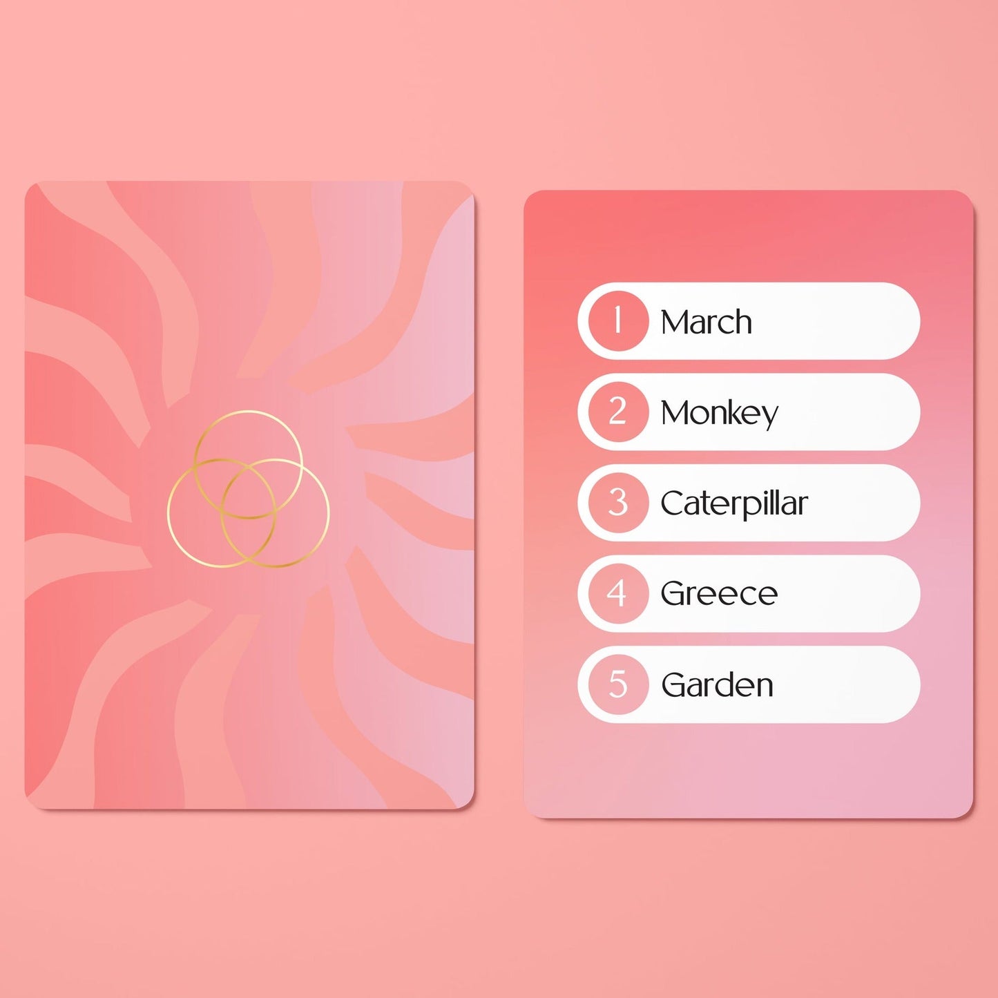 Two pink gradient cards, one with a gold overlapping circles symbol and the other with a numbered list: 1 March, 2 Monkey, 3 Caterpillar, 4 Greece, 5 Garden