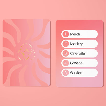Two pink gradient cards, one with a gold overlapping circles symbol and the other with a numbered list: 1 March, 2 Monkey, 3 Caterpillar, 4 Greece, 5 Garden