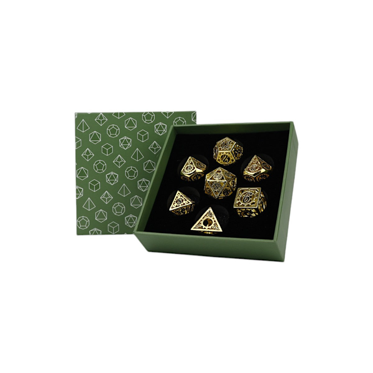 Seven ornate gold and black clockwork RPG dice are presented in a green box with a lid featuring a repeating dice shape design