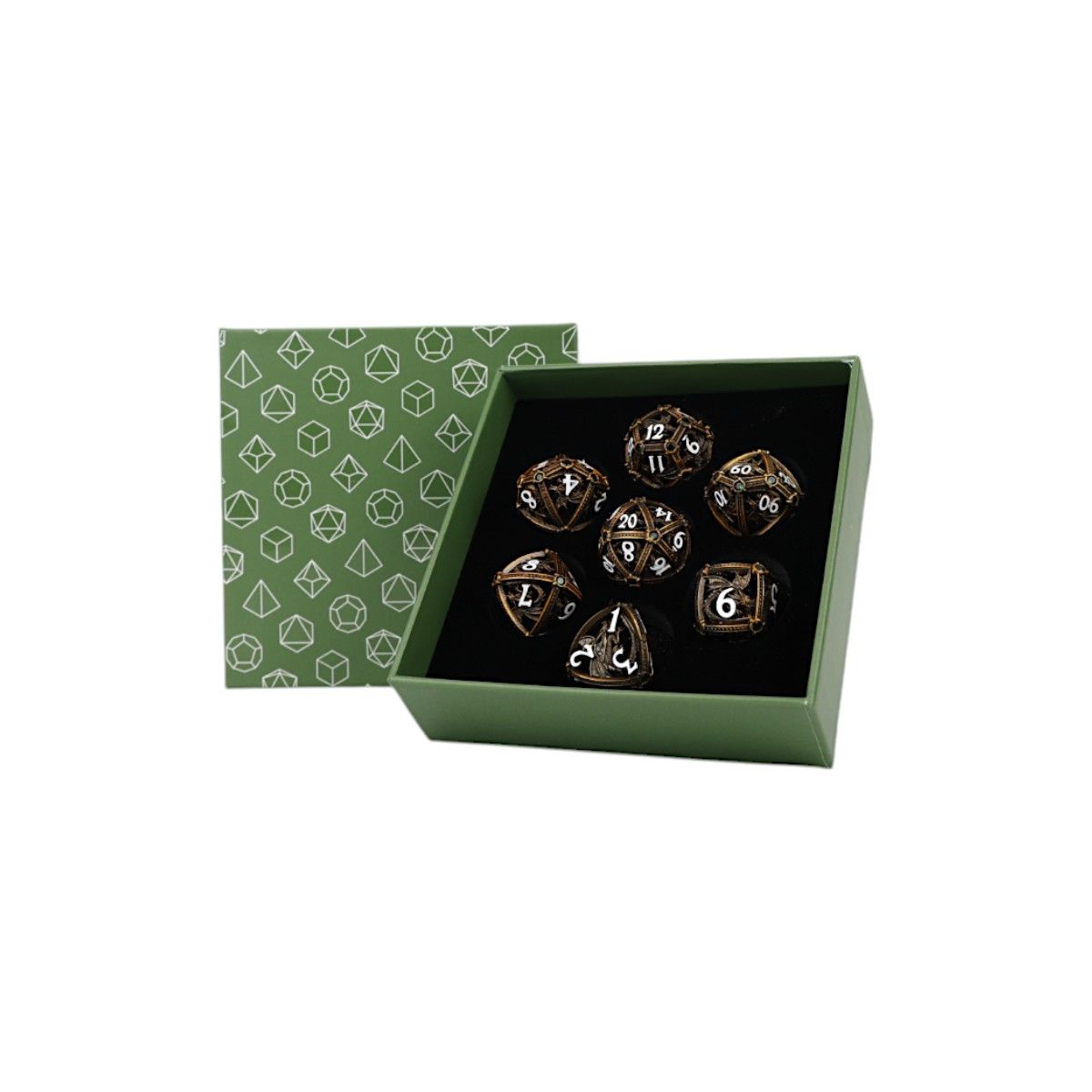 Let's Play Games Hoard Guardian RPG Dice Set, Ancient Bronze/Green displayed in an open box with a patterned lid
