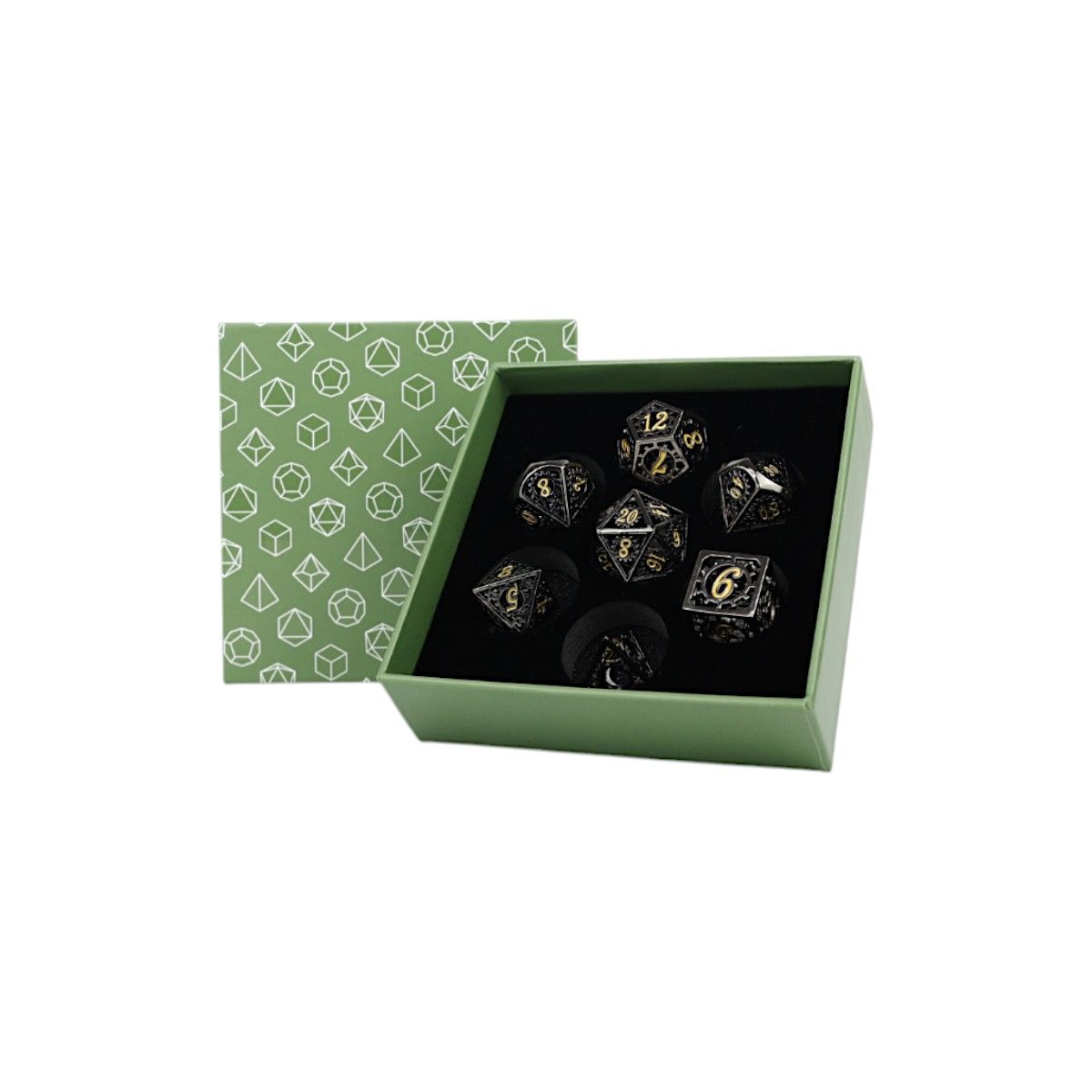LPG Dice Clockwork Sun Dice Set Gold/Black displayed in an open box with a patterned lid