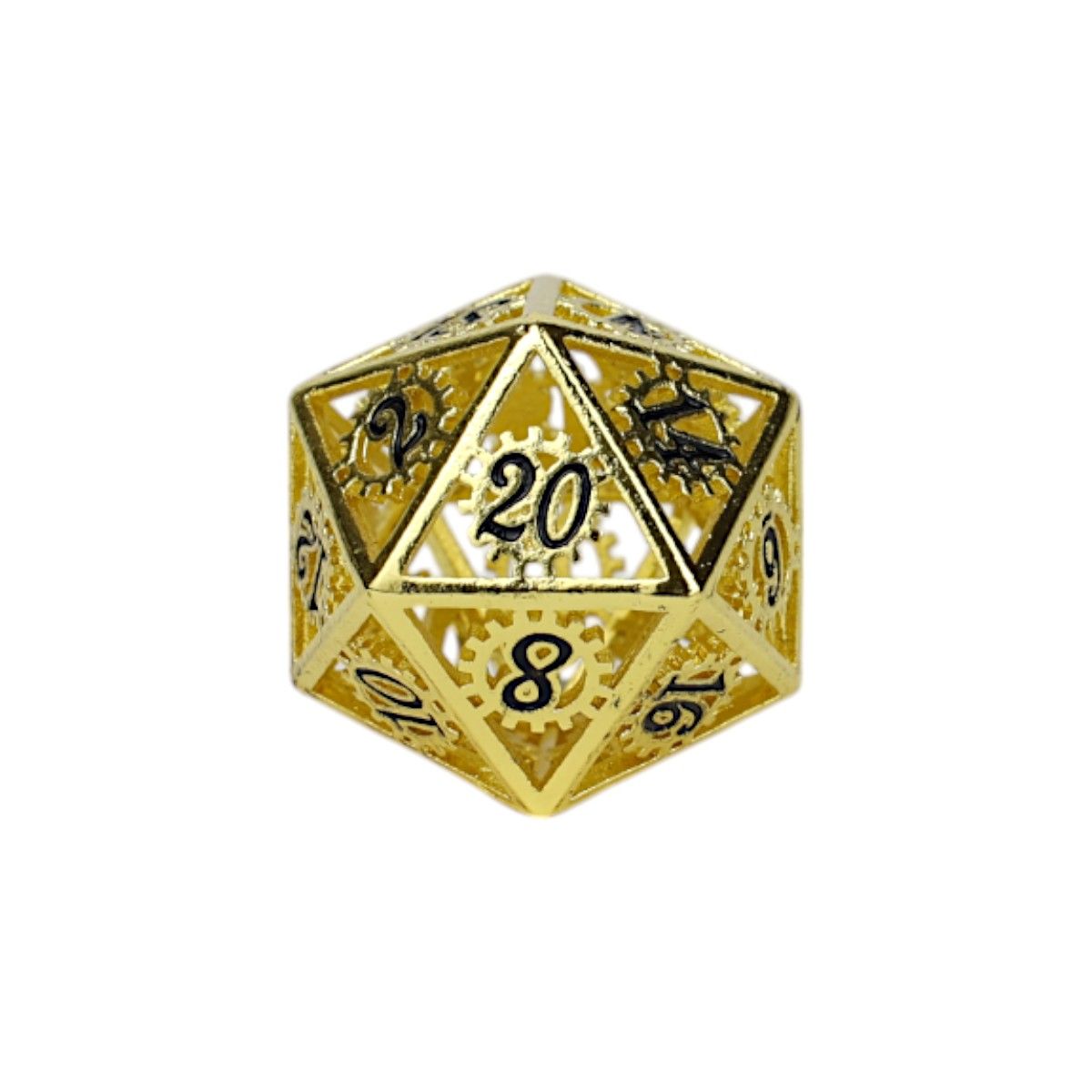 A striking gold hollow metal RPG d20 with intricate clockwork gear designs and prominent black numbers including 20 and 8