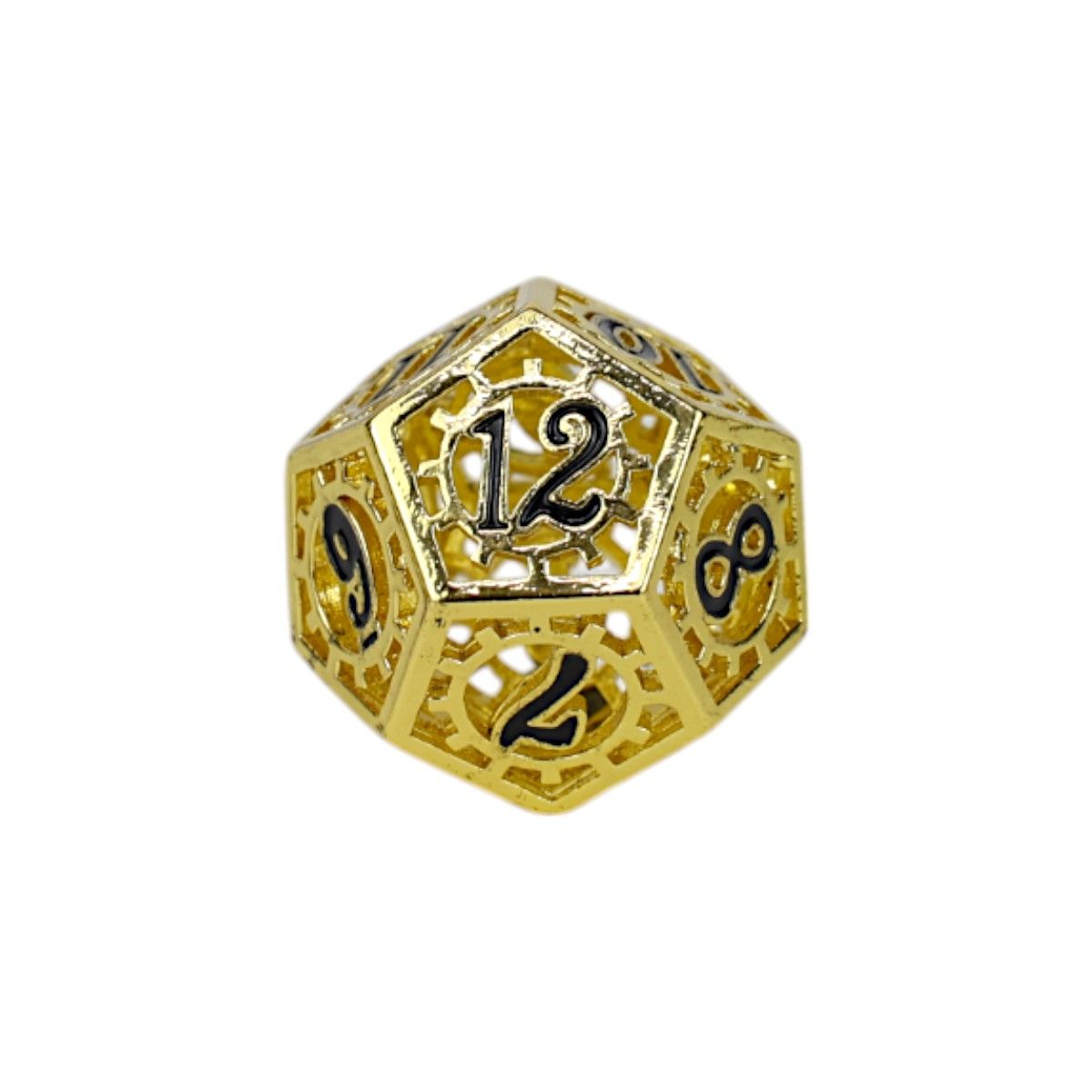 A detailed gold D12 RPG die from the Clockwork Sun set, featuring an intricate open-frame gear design with visible black numbers including 12