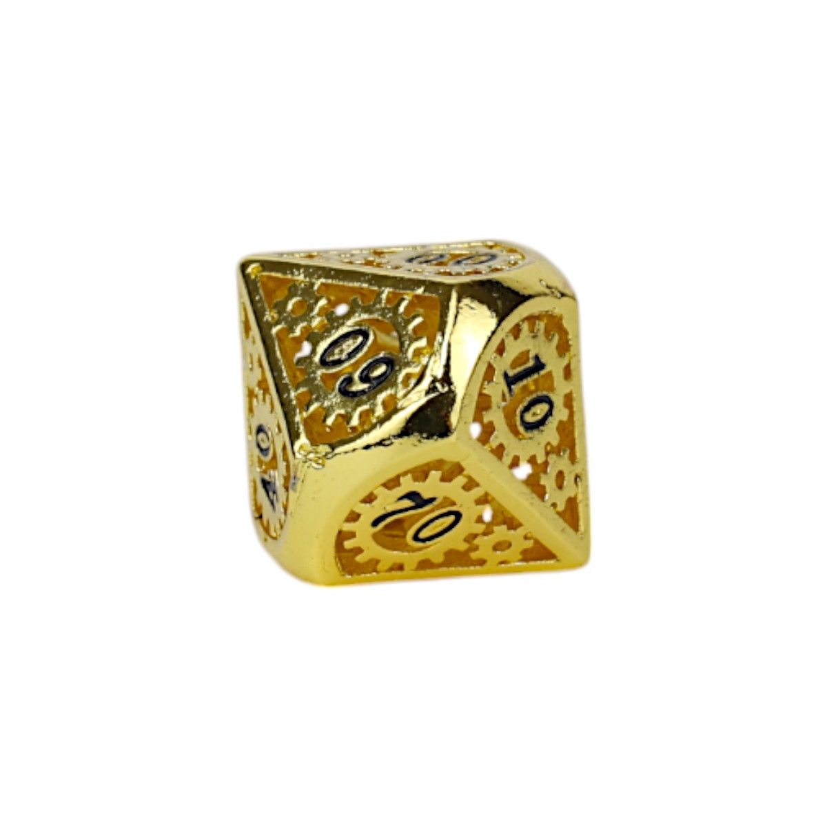 A single golden LPG Dice Clockwork Sun RPG percentile die featuring intricate gear cutouts and bold black numbers like 10, 60, and 70, isolated on a white background