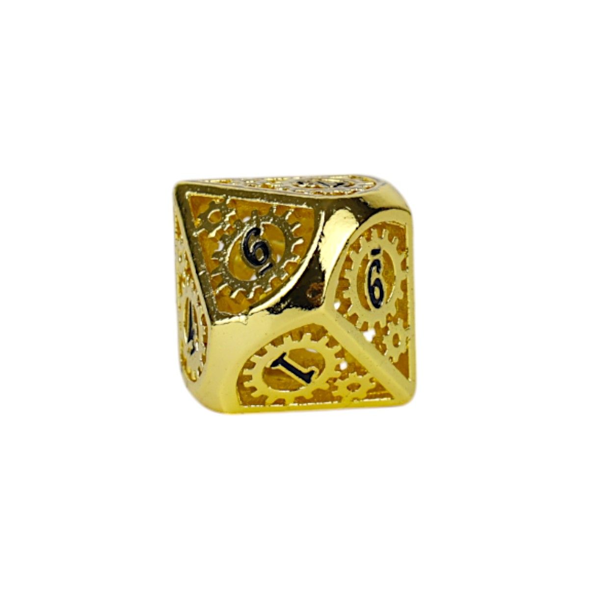 A striking gold six-sided RPG die featuring intricate black clockwork and gear designs on each face, displaying numbers like 1 and 6