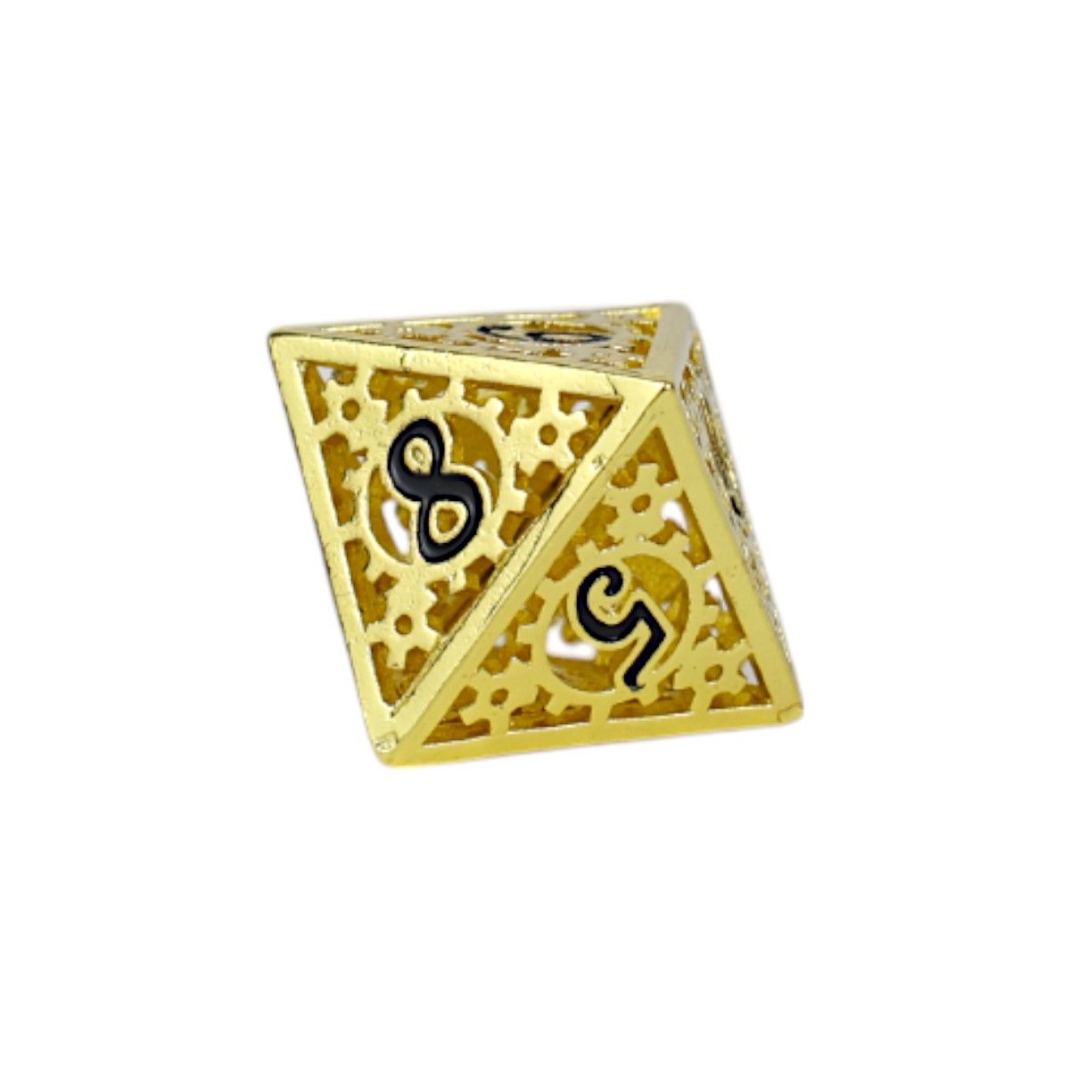 A detailed gold, hollow, clockwork-patterned eight-sided RPG die showing black numbers 8 and 5 on a white background