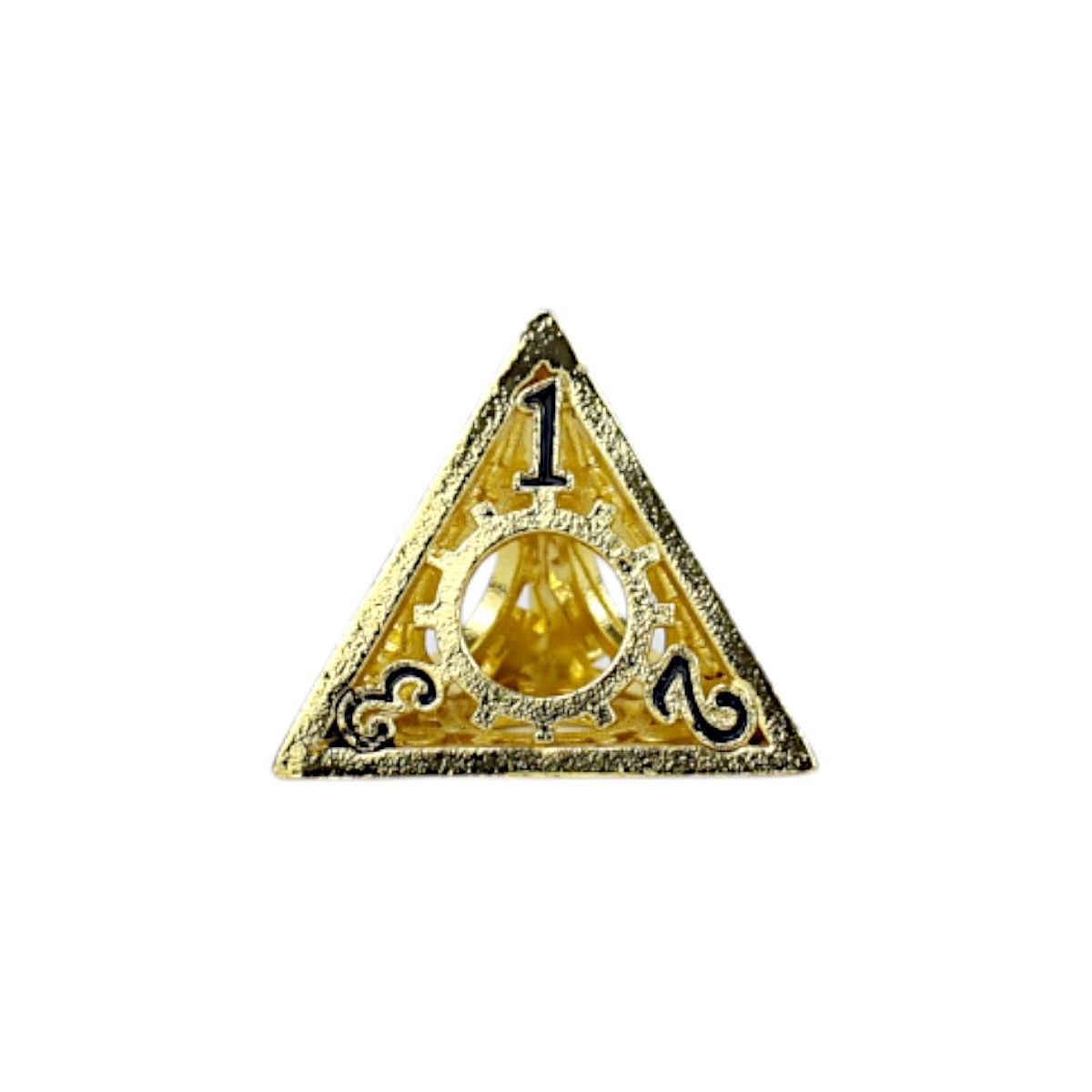 A single gold triangular RPG die from the Clockwork Sun set with black numbering and intricate clockwork gear details featuring the number one at its apex against a white background