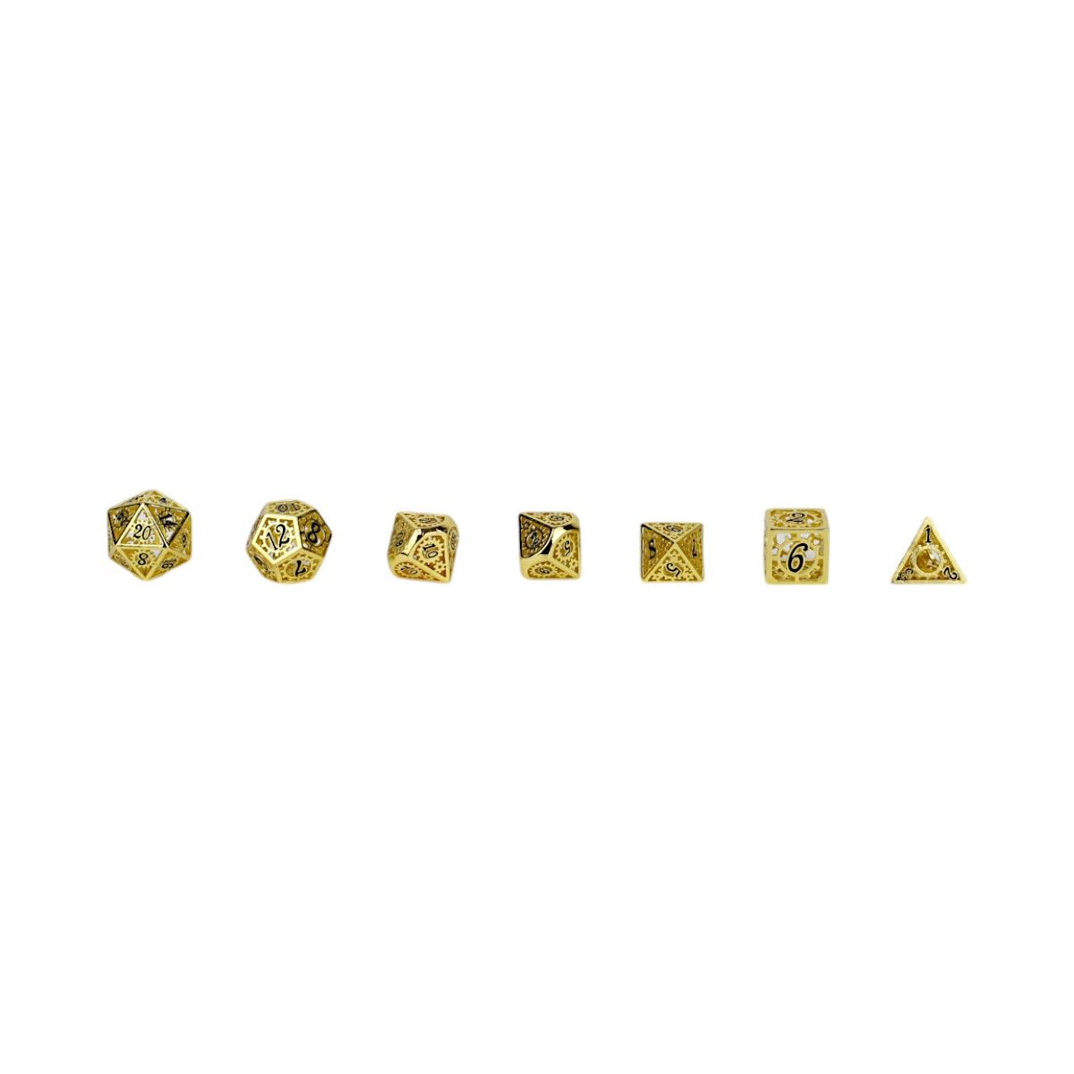 A set of seven metallic gold Clockwork Sun RPG dice with black numbers and intricate designs, arranged horizontally on a white background