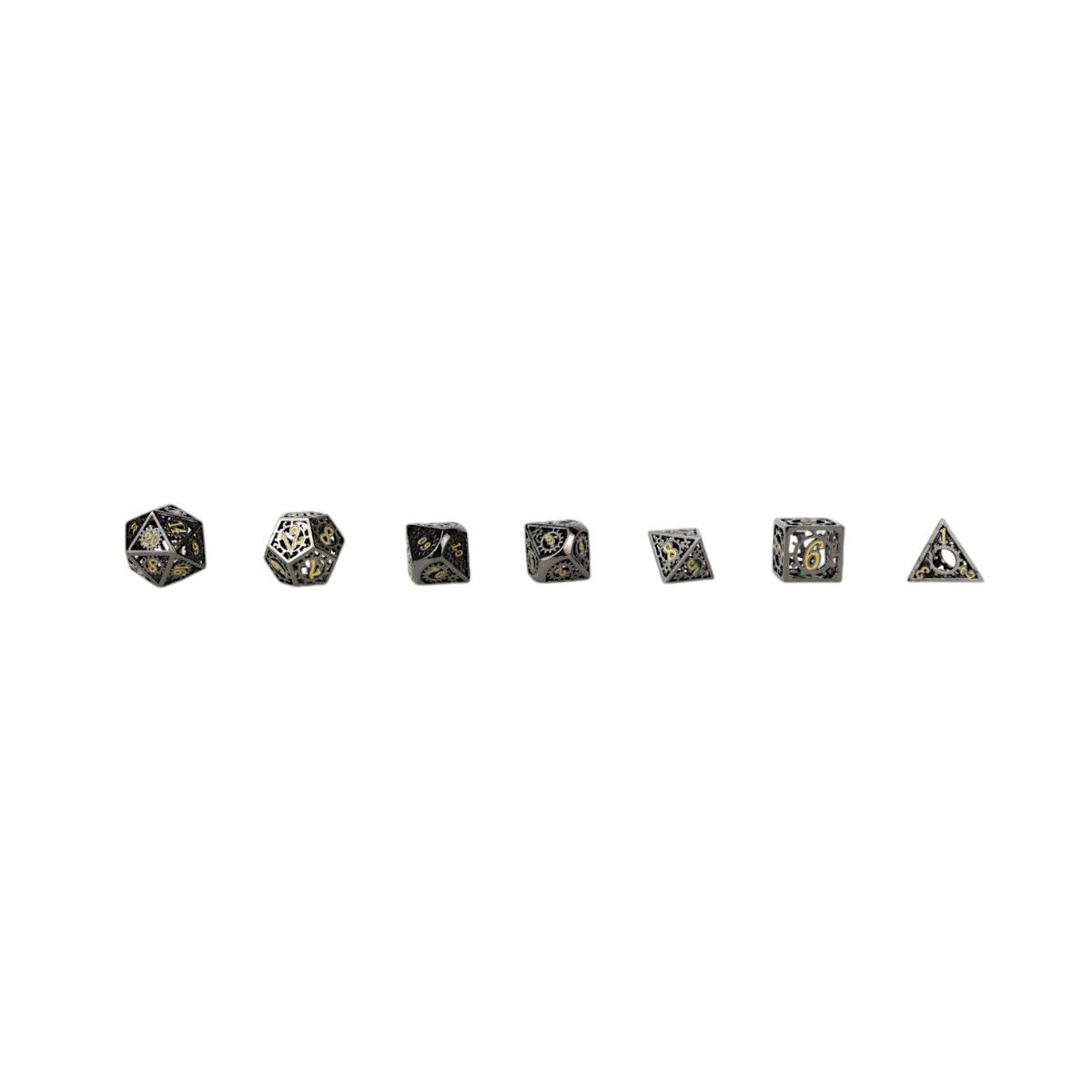 A set of seven ornate LPG Dice Clockwork Sun Dice Gold/Black on a white background
