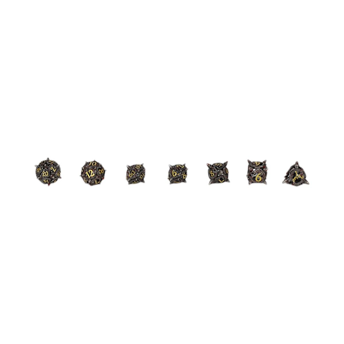A set of seven ornate Let&#39;s Play Games Xeno Hollow RPG Dice Bloodied Metal on a white background