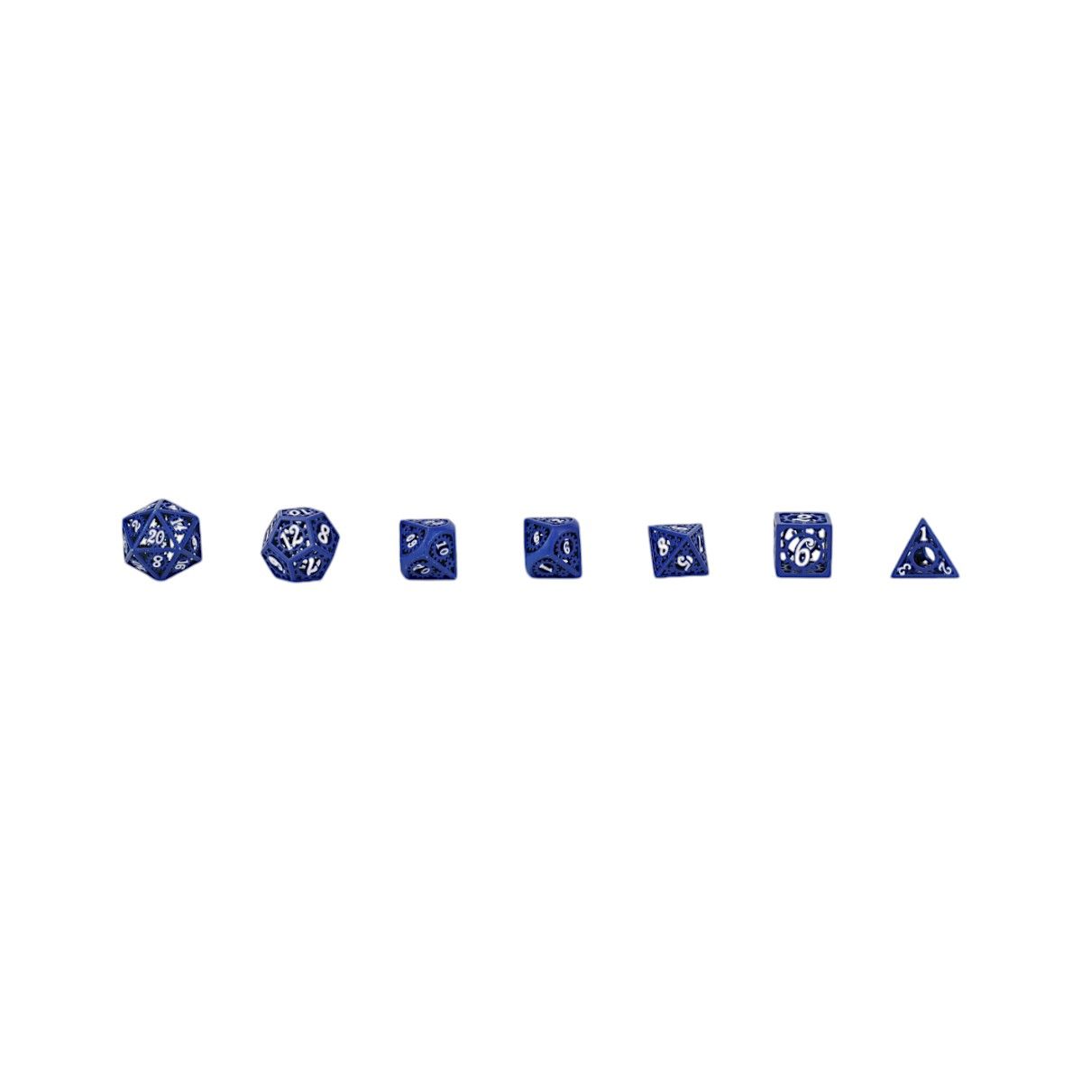 A set of seven ornate LPG Dice Clockwork Sun Dice Blue/White on a white background