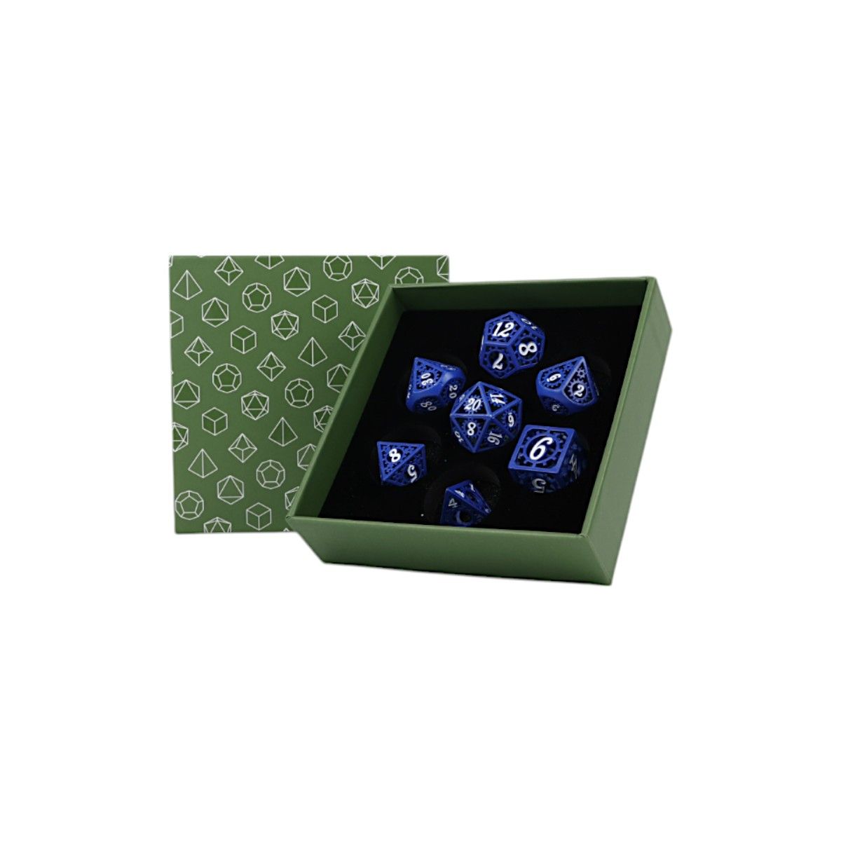LPG Dice Clockwork Sun Dice Set Blue/White displayed in an open box with a patterned lid