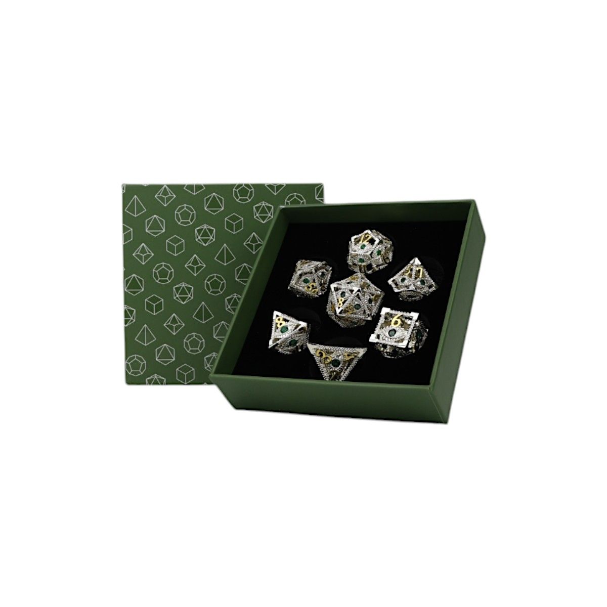 Let's Play Games Scaled Eye RPG Dice Set, Steel/Green displayed in an open box with a patterned lid