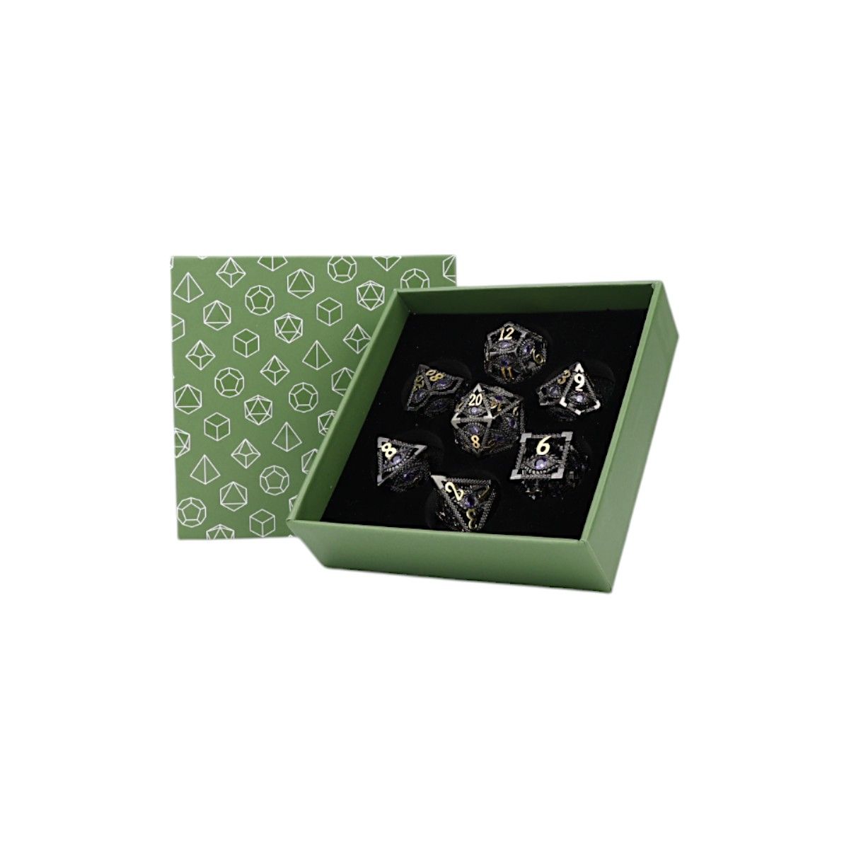 Let's Play Games Scaled Eye RPG Dice Set, Black/Gold displayed in an open box with a patterned lid
