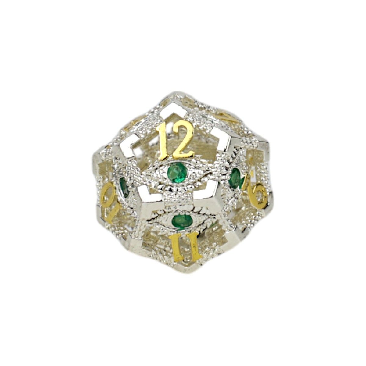 One Die of Let&#39;s Play Games Scaled Eye RPG Dice Set, Steel/Green