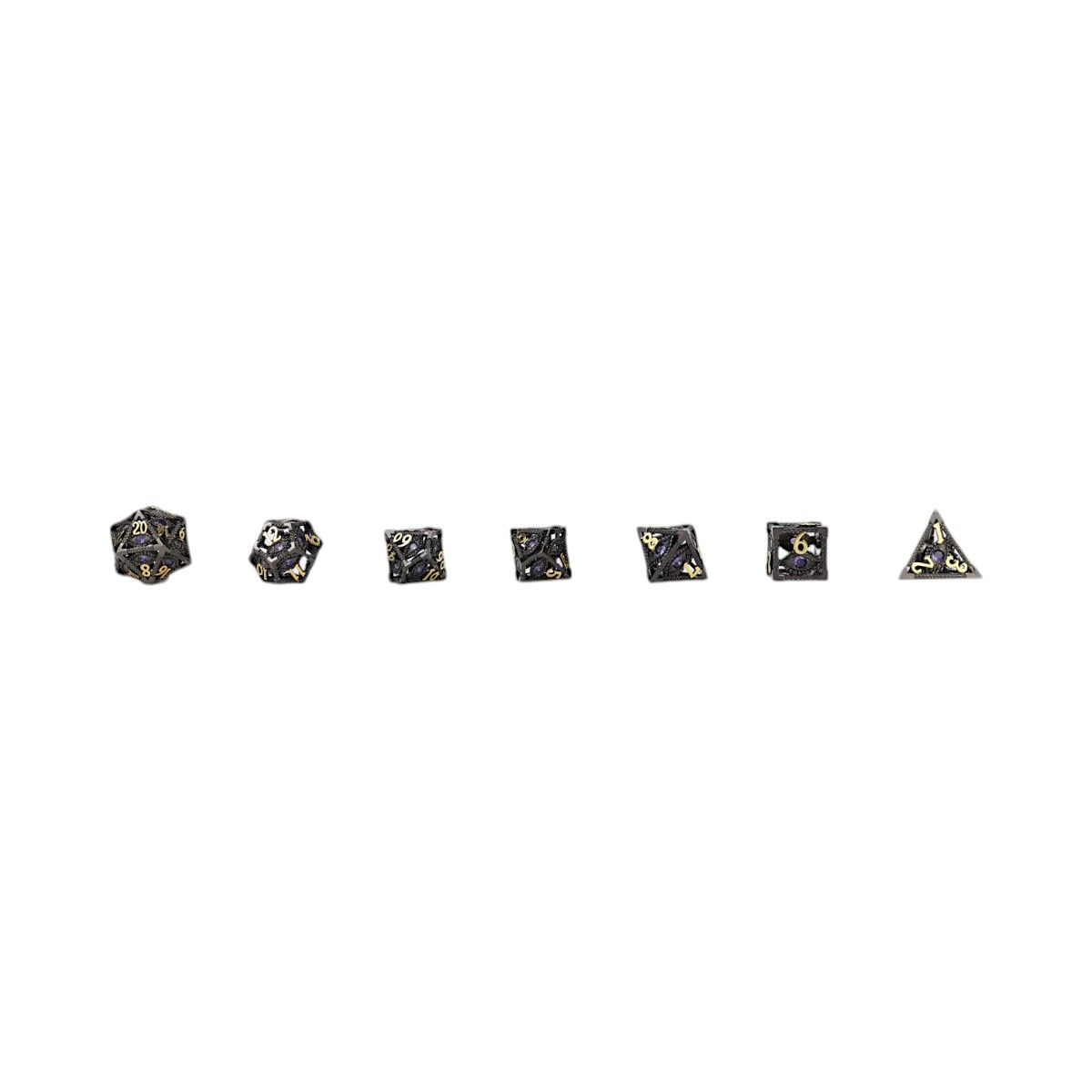 A set of seven ornate Let&#39;s Play Games Scaled Eye RPG Dice Black/Gold on a white background