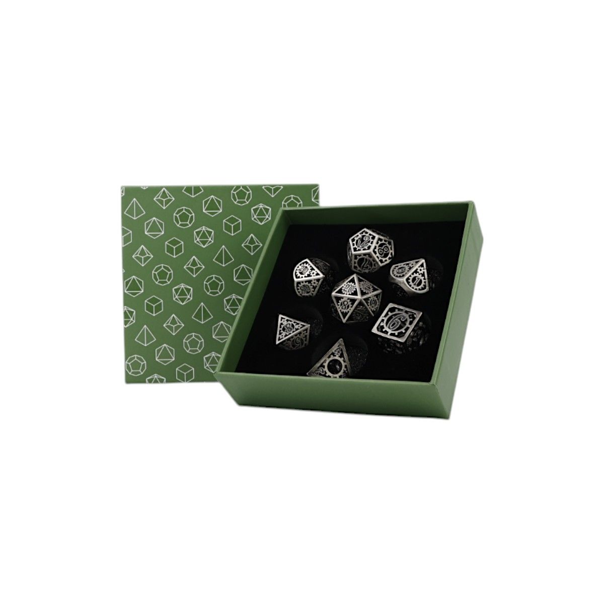 LPG Dice Clockwork Sun Dice Set Steel/Black displayed in an open box with a patterned lid