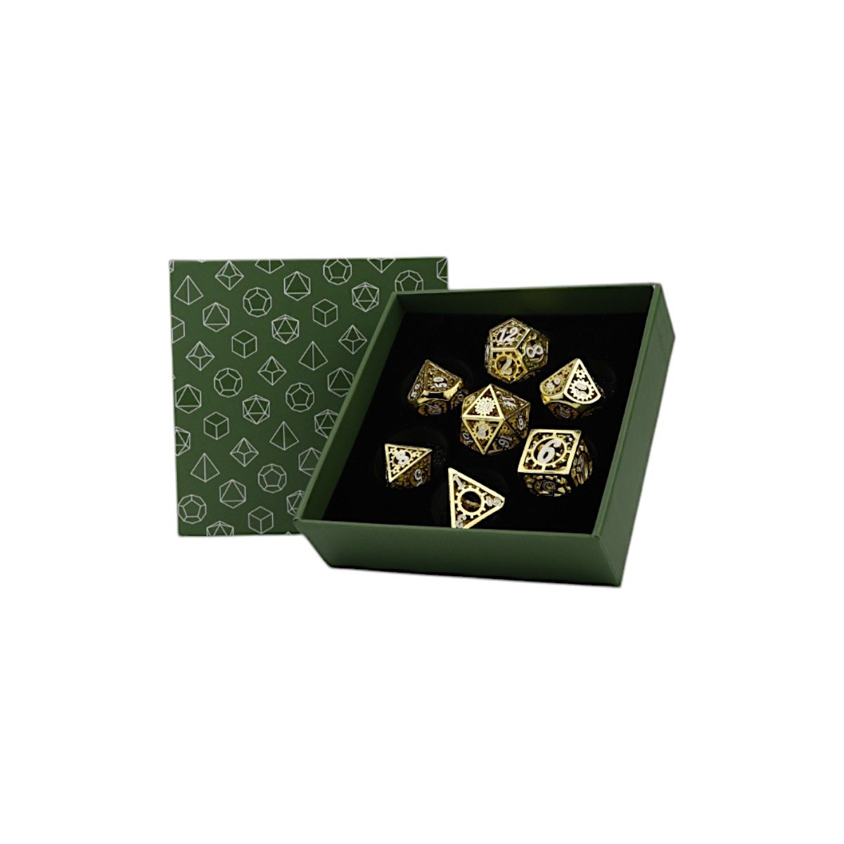 Seven ornate gold metal polyhedral dice displayed in an open green box with a black lining
