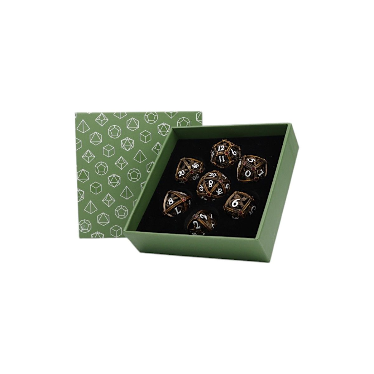 Let's Play Games Hoard Guardian RPG Dice Set, Ancient Bronze/Red displayed in an open box with a patterned lid