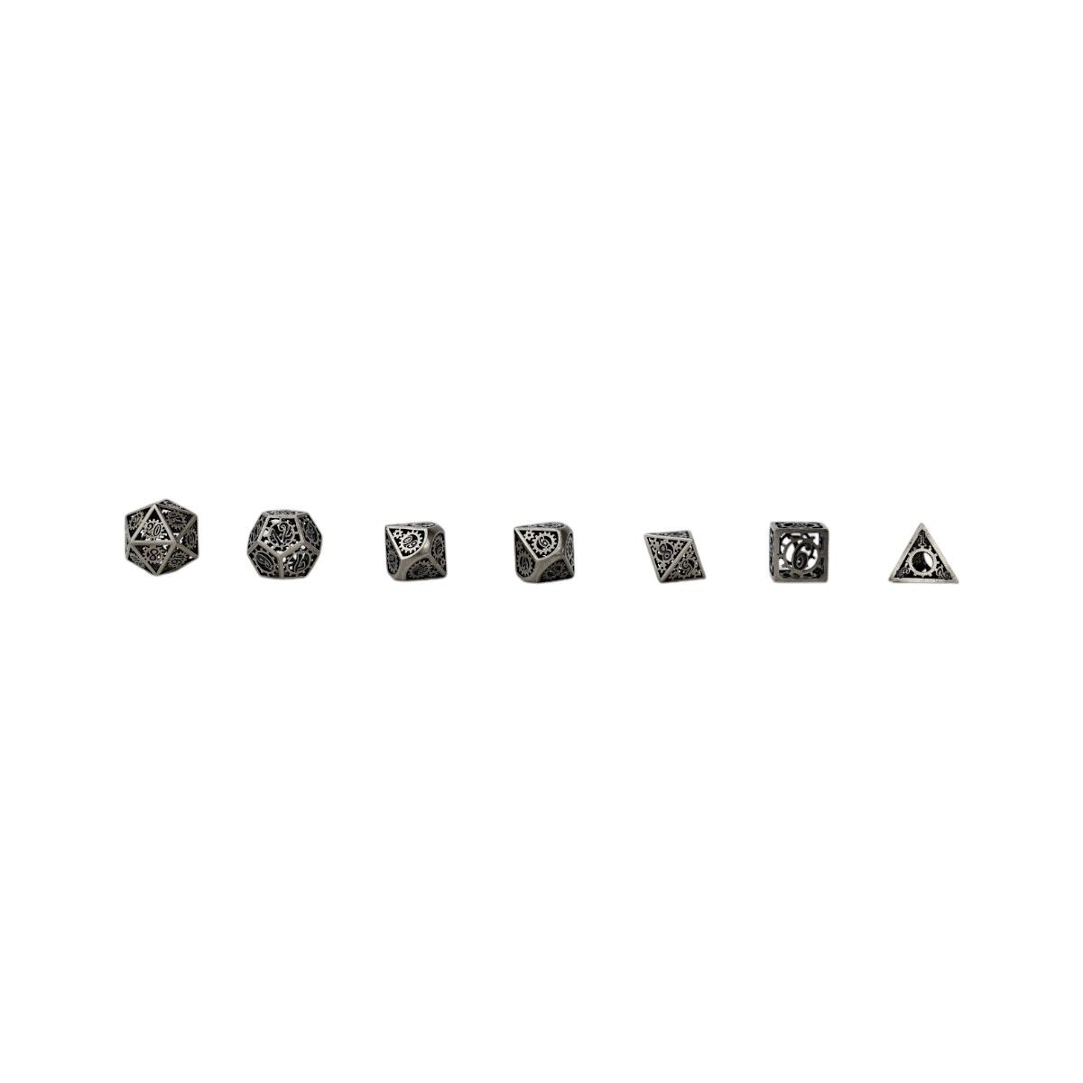 A set of seven ornate LPG Dice Clockwork Sun Dice Steel/Black on a white background