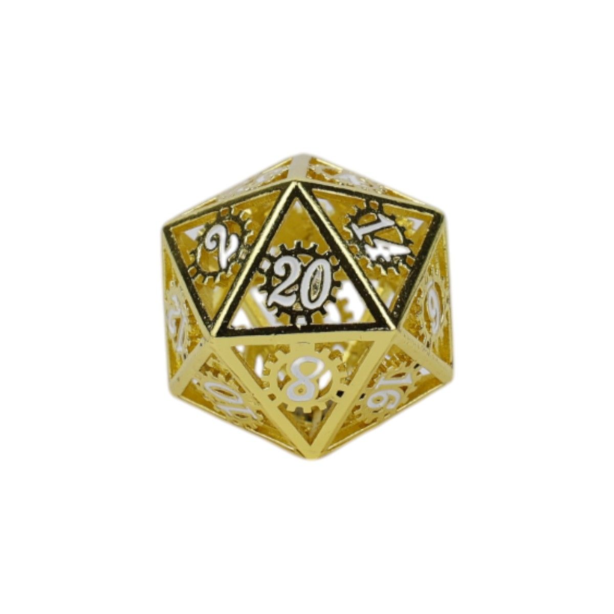 Gold, hollow D20 die with intricate gear patterns and white numbers, showing &quot;20&quot; on a face