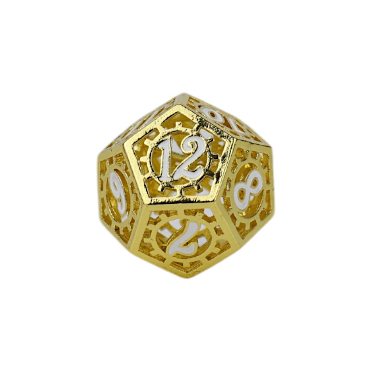 A gold metal 12-sided die (d12) with intricate gear-like cutouts White numbers, with 12 prominent